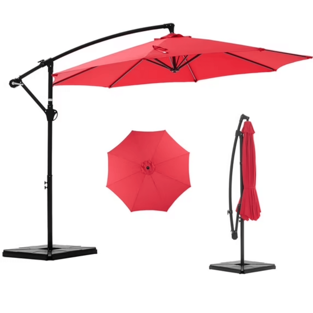 10ft Offset Hanging Outdoor Patio Umbrella with Base Stand Rotate and Tilt, 8 Ribs, UV Protection for PoolGardenBackyard Market, Red (Shipment from Walmart)