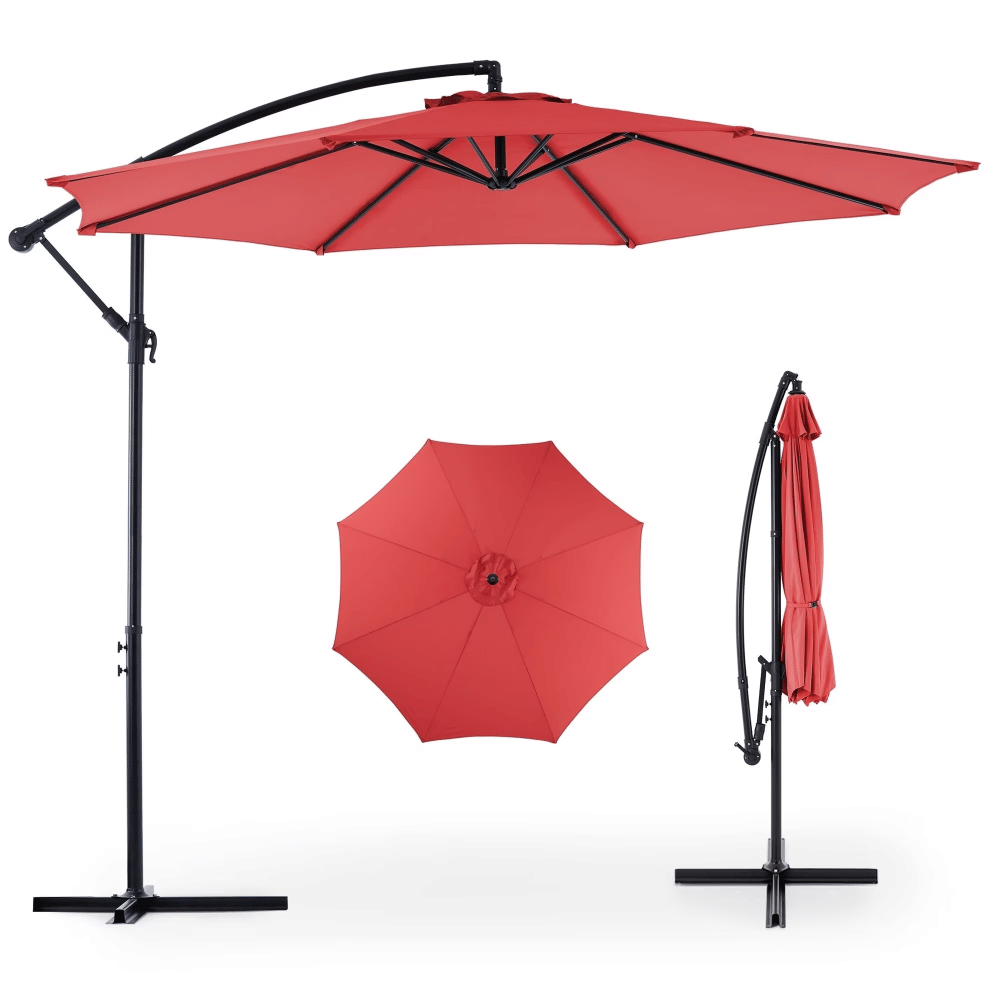 10FT Offset Hanging Patio Umbrella Outdoor with Push Button Tilt & Self-Locking, Polyester Shade, 8 Sturdy Ribs, Red