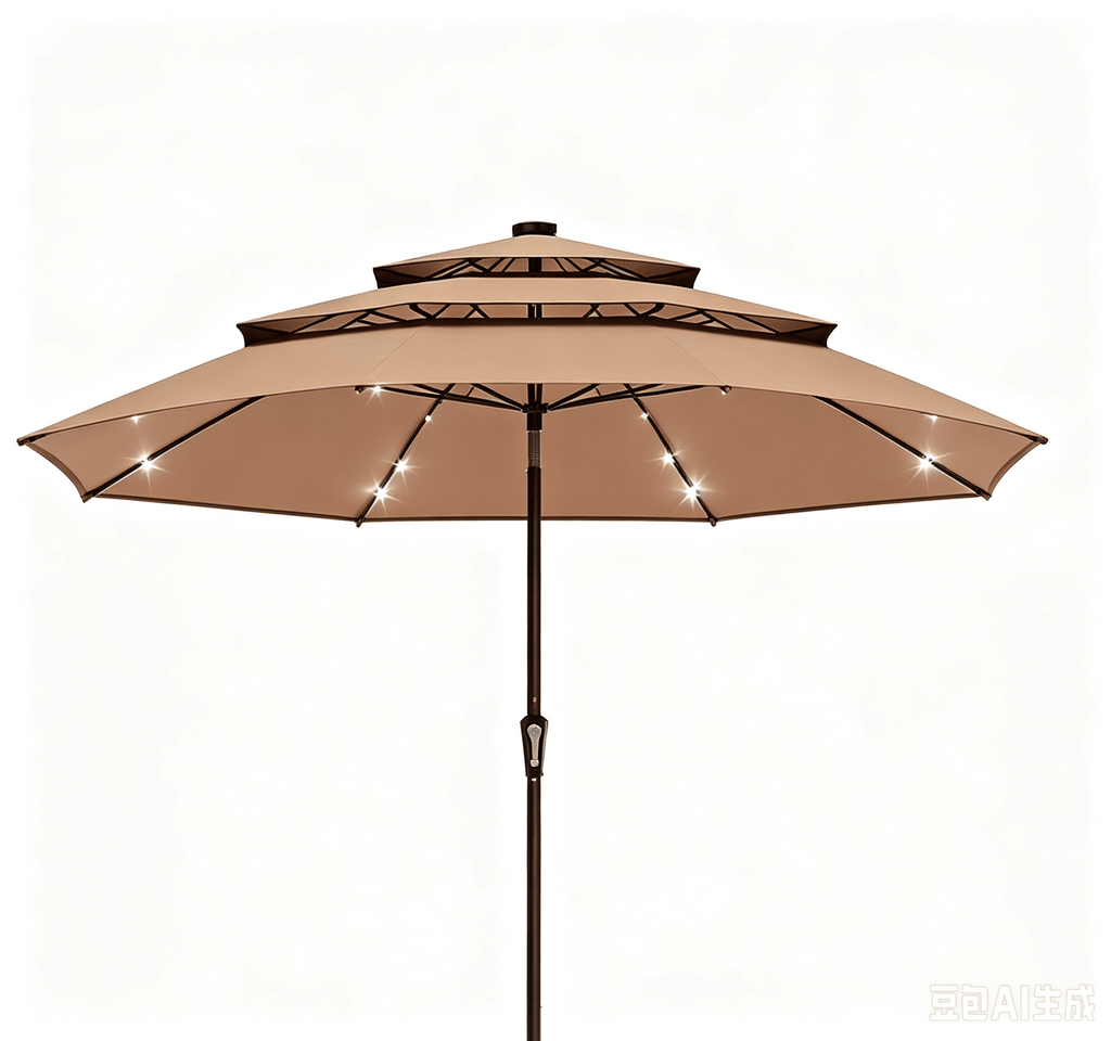 10ft Patio Umbrella, LED Lighted Patio Umbrella Outdoor Table Pool Sun Shade Canopy 3 Tier Outdoor Market Table Umbrellas With 8 Fiberglass Ribs And Push Button Tilt, Windproof, Vented Canopy, UV Prot