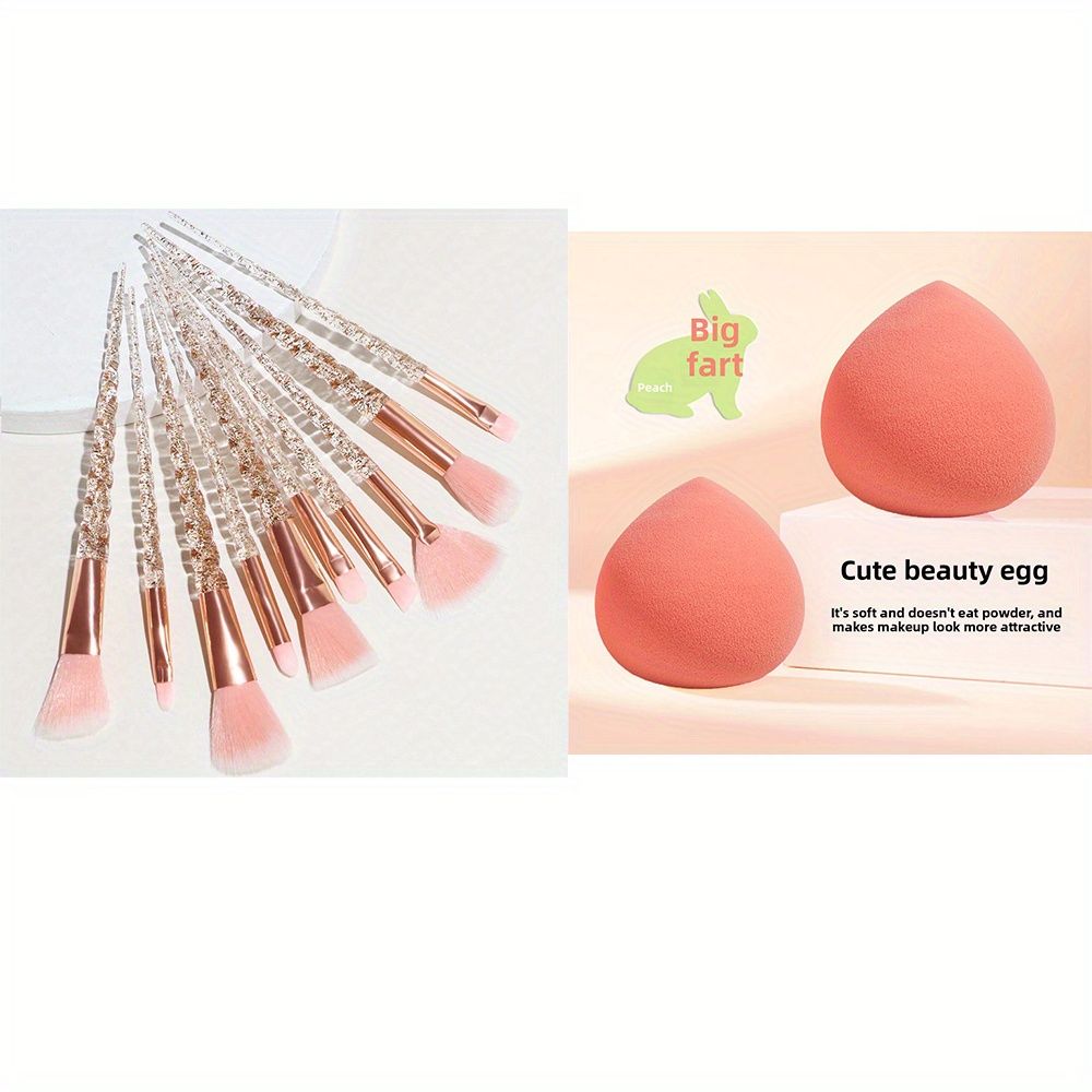 10PCS Pink Crystal Makeup Brush Set with Spiral Soft Bristles + 2PCS Cute Big Peach Beauty Blenders – Diamond Powder Brushes & Ultra-Soft Non-Absorbing Makeup Sponges