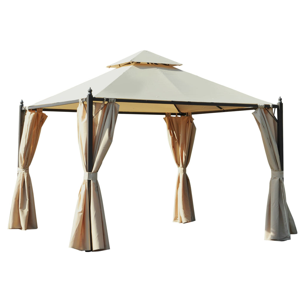 10x10 Beige Steel Gazebo Polyester Curtains Vented Roof Mosquito Netting