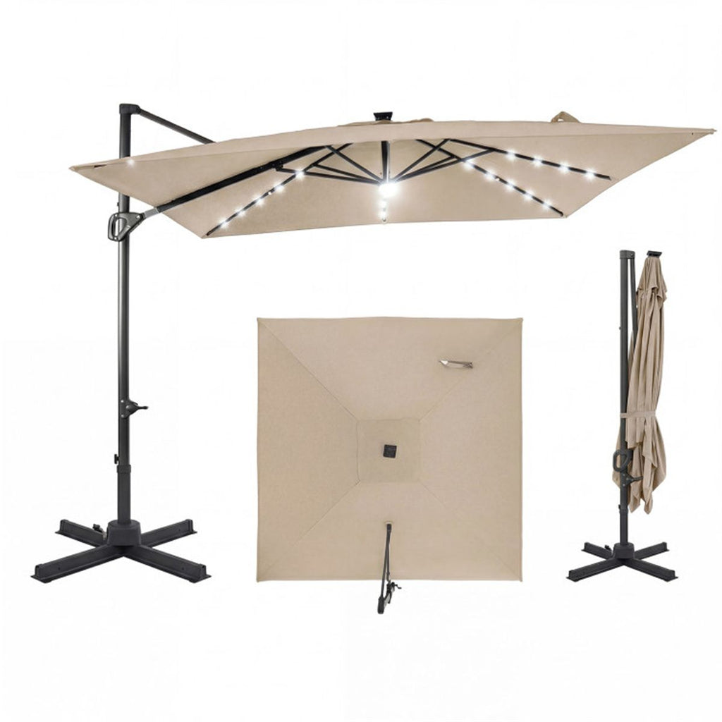 10x10 Ft Beige Solar LED Cantilever Patio Umbrella 360 Rotation Offset Hanging Umbrella with Lights
