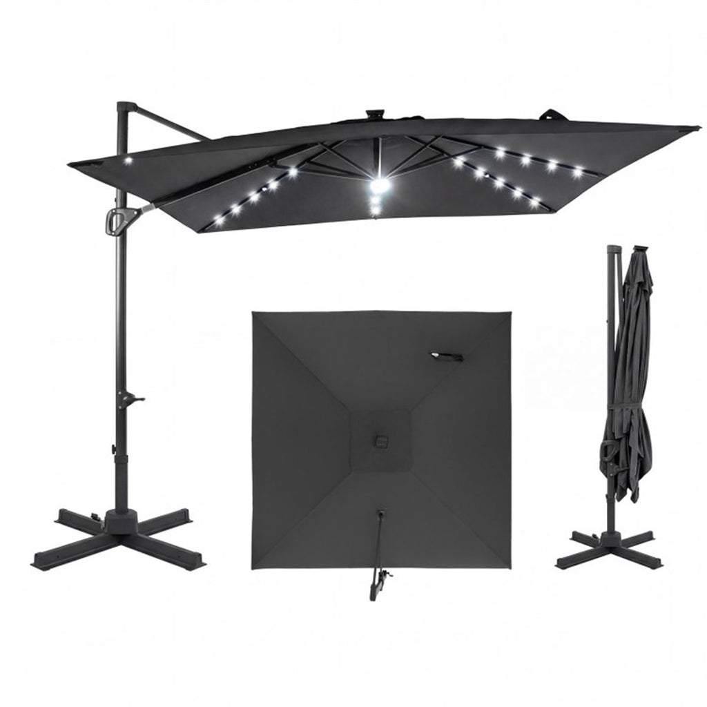 10x10 Ft Gray Solar LED Cantilever Patio Umbrella 360 Rotation Offset Hanging Umbrella with Lights