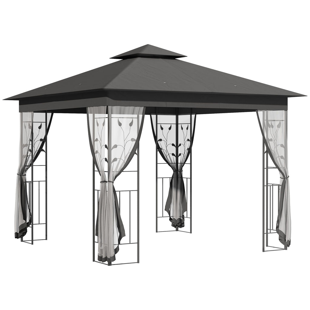 10x10 Grey Outdoor Patio Gazebo Canopy with 2-Tier Polyester Roof Netting Curtain Sidewalls Steel Frame