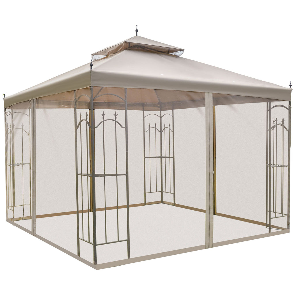 10x10 Steel Patio Gazebo Canopy Brown with Mesh Curtains Shelves