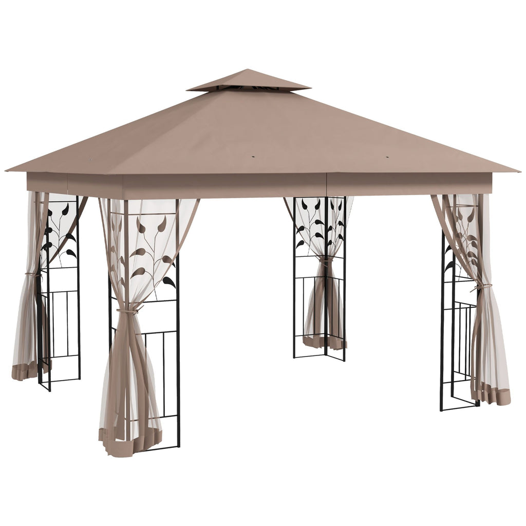 10x11.5 Steel Gazebo, Double Vented Roof, Tree Motifs Corner Frame and Netting, Drainage Grommets, for Outdoor, Party, Brown