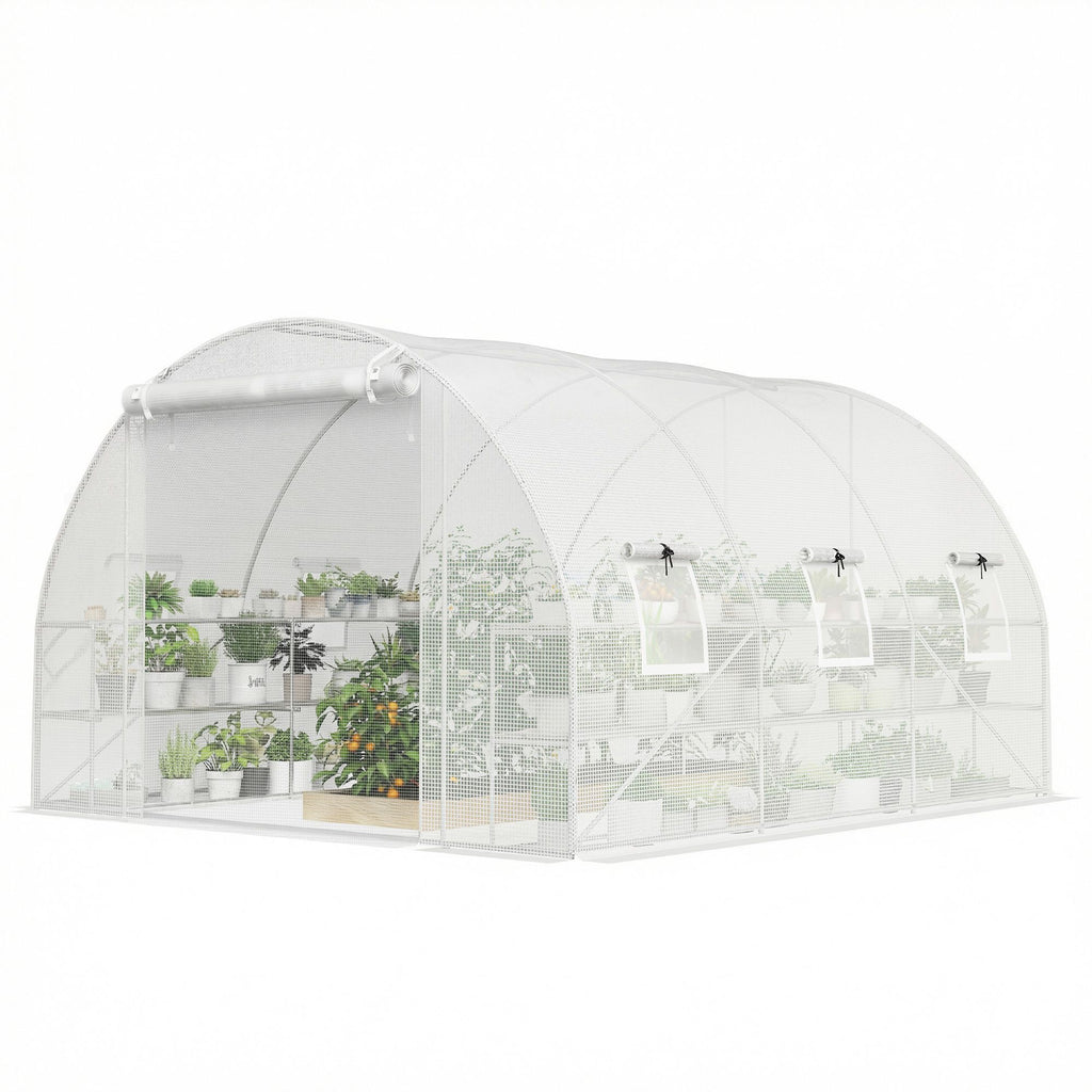 10'x11'x6' Walk-in Tunnel Greenhouse with Shelves, Mesh Door and Windows, Hoop House Greenhouse with PE Cover, White