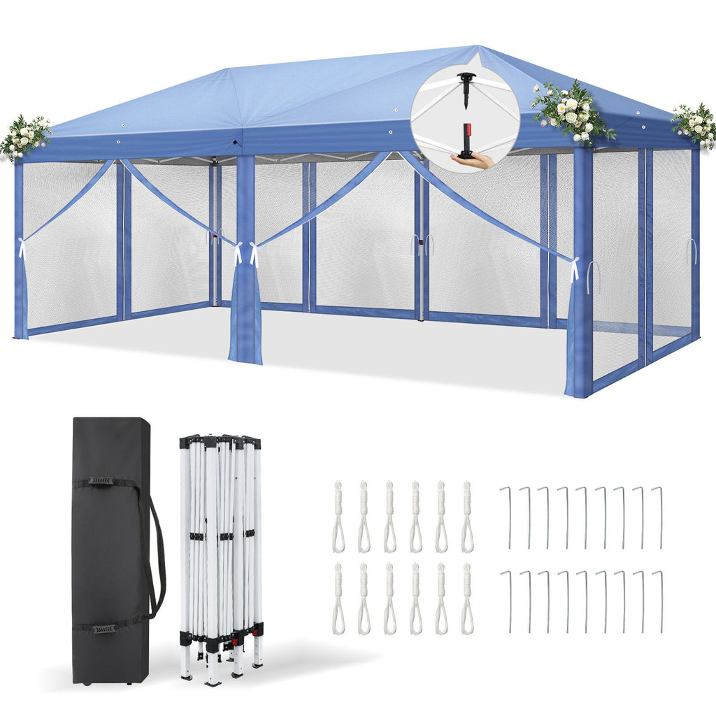 10x20 ft Instant Pop Up Canopy Tent Blue, 6 Mesh Panels 2 Doors 4 Net Sides, Powder Coated Iron Frame 28/22mm Leg & 10×20mm Crossbar, 210D Oxford Folding Outdoor Shelter with Carry Bag No Sandbags