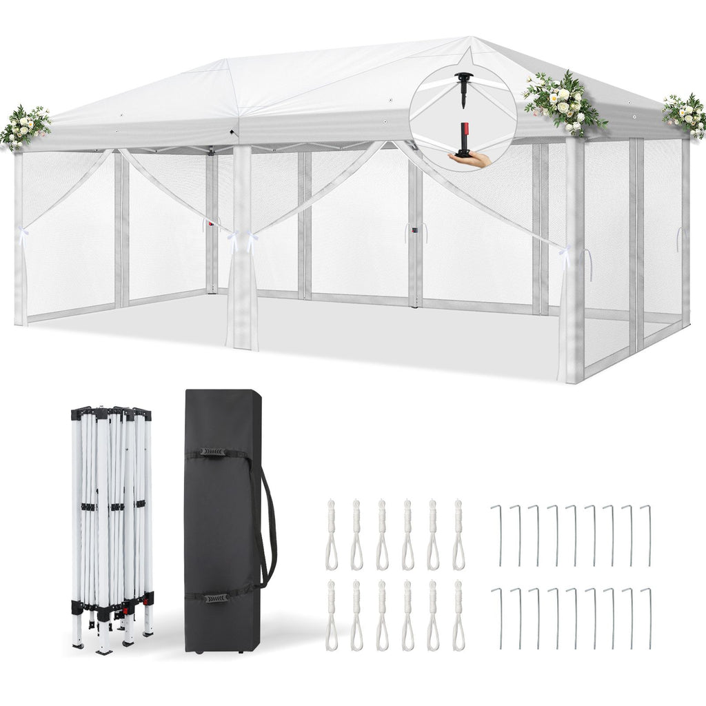 10x20 ft Instant Pop Up Canopy Tent White, 6 Mesh Panels 2 Doors 4 Net Sides, Powder Coated Iron Frame 28/22mm Leg & 10×20mm Crossbar, 210D Oxford Folding Outdoor Shelter with Carry Bag No Sandbags