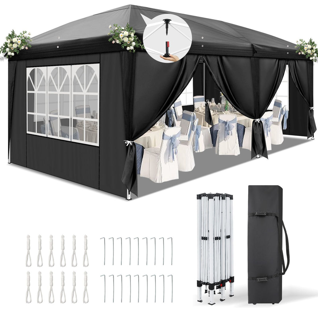 10'x20' Instant Pop Up Canopy Tent Black, 6 Panels 2 Doors 4 Mesh Windows, 28/22mm Powder Coated Steel Frame, 10x20mm Crossbar, 210D Oxford Folding Outdoor Tent with Carry Bag No Sandbags