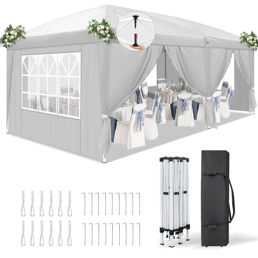 10'x20' Instant Pop Up Canopy Tent White, 6 Side Panels 2 Doors 4 Mesh Windows, 28/22mm Powder Coated Steel Frame, 10x20mm Crossbar, 210D Oxford Outdoor Folding Tent with Carry Bag, No Sandbags