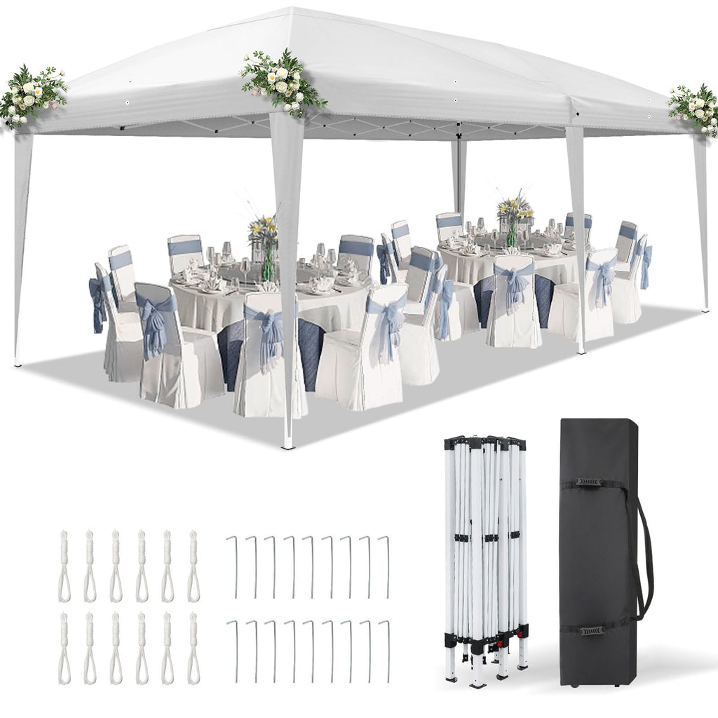10'x20' Instant Pop Up Canopy Tent White, No Sidewalls Design, 28/22mm Powder Coated Steel Frame, 10x20mm Crossbar, 210D Oxford Outdoor Folding Tent with Carry Bag, No Sandbags