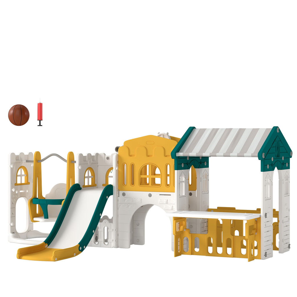 11 in 1 Toddler Slide and Swing Set w/ Playhouse, Kids Slide Playset Indoor Playground for 1-4 Years, Yellow