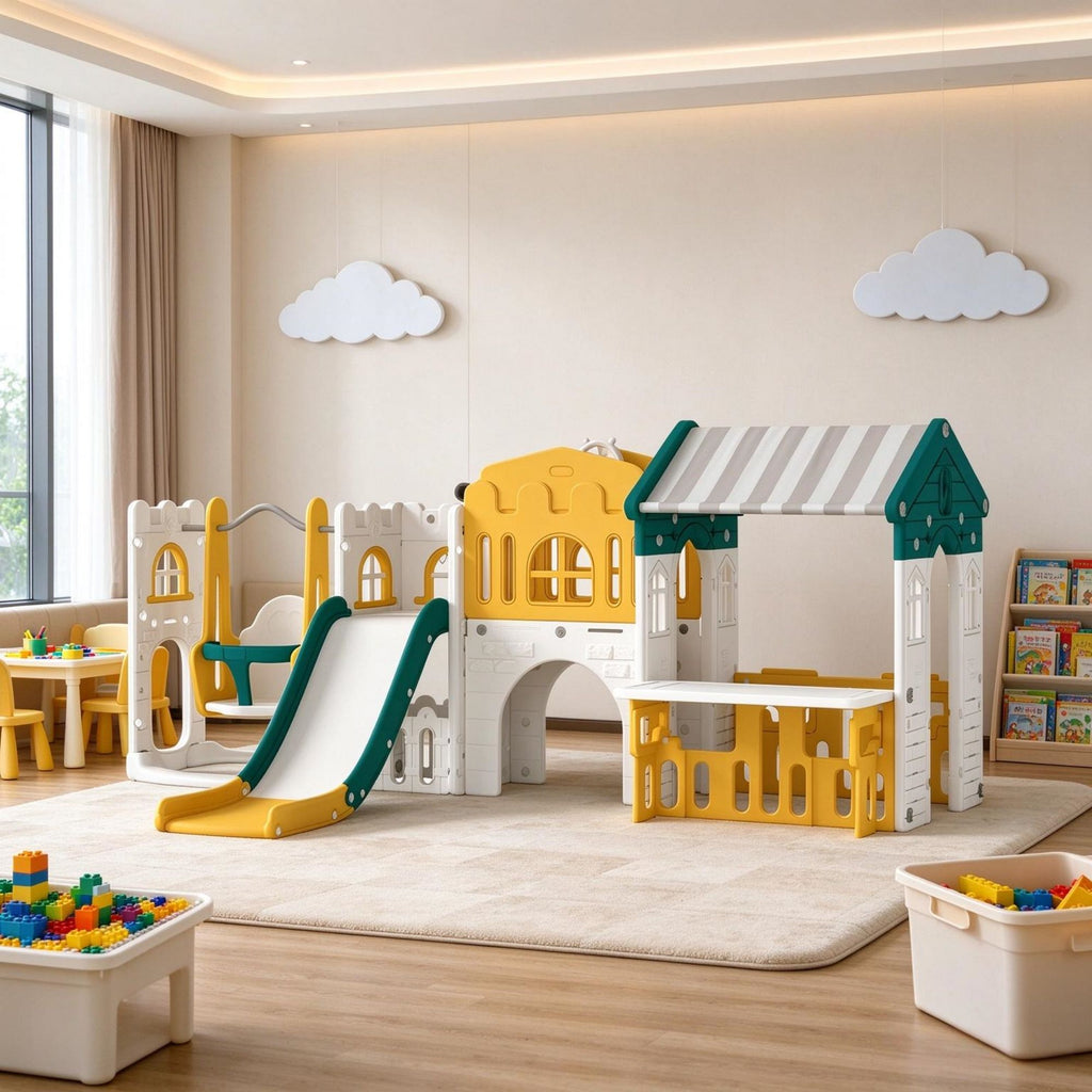 11-in-1 Toddler Slide Swing Set with Playhouse, Indoor Playground for Kids Ages 14, Yellow