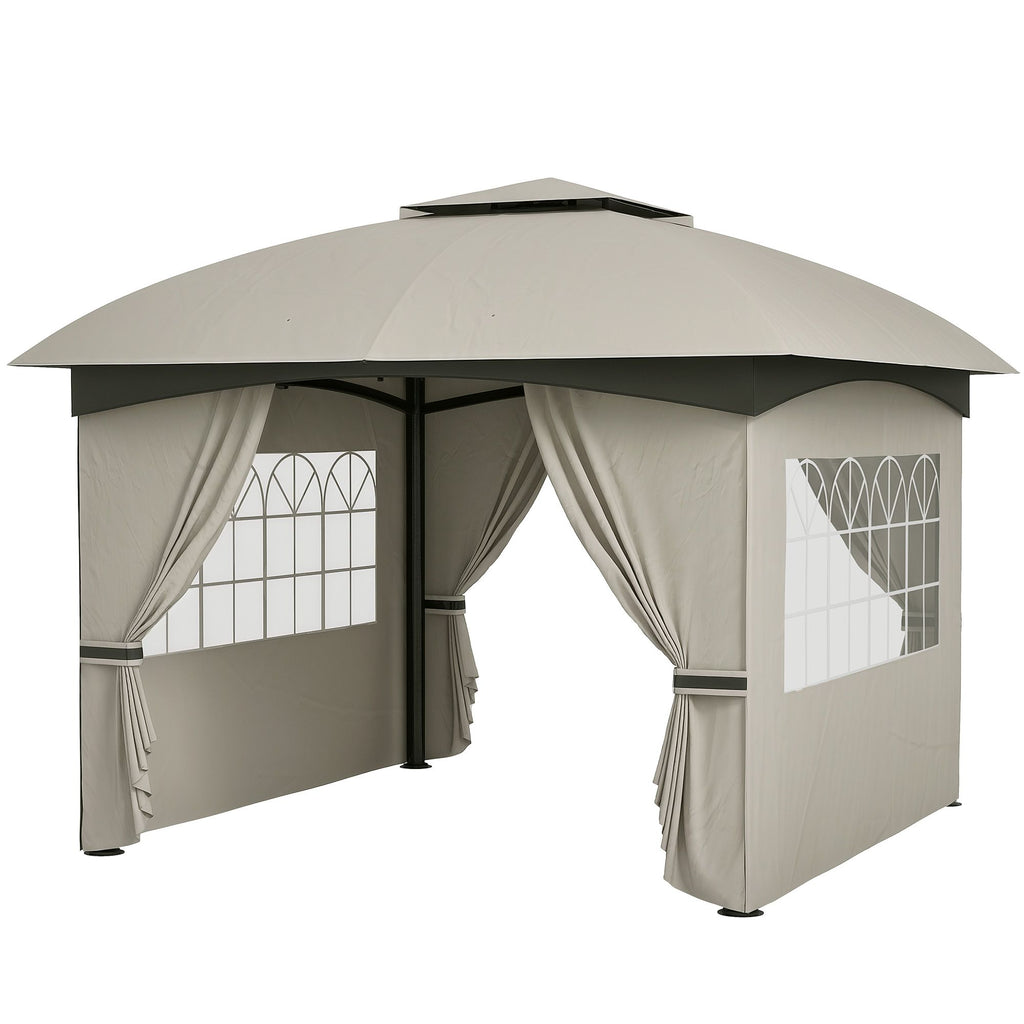 11' x 11' Outdoor Gazebo, Double Roof Patio Gazebo with Curtains, Church Windows, Galvanized Steel Frame, Light Gray