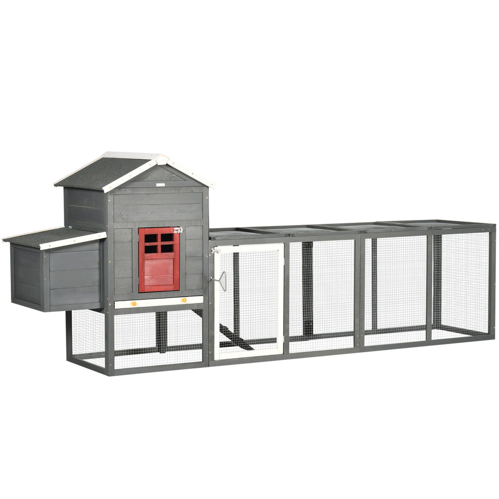 118" Extra Large Chicken Coop with Asphalt Roof, Wooden Hen House with Slide-out Tray, Quail Hutch with Nesting Box, Gray