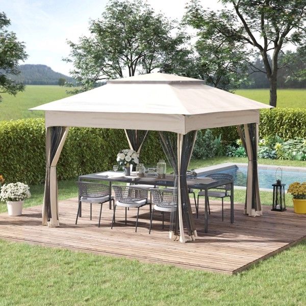 11ft x 11ft Pop Up Canopy, Outdoor Patio Gazebos Shelter Beige-AS