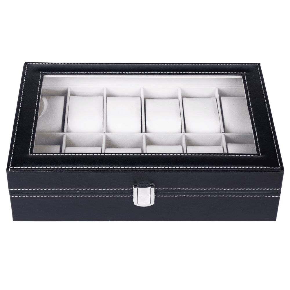12 Compartments Leather Watch Box Top-Opening WatchStorageCase Portable Watch Organizer Black