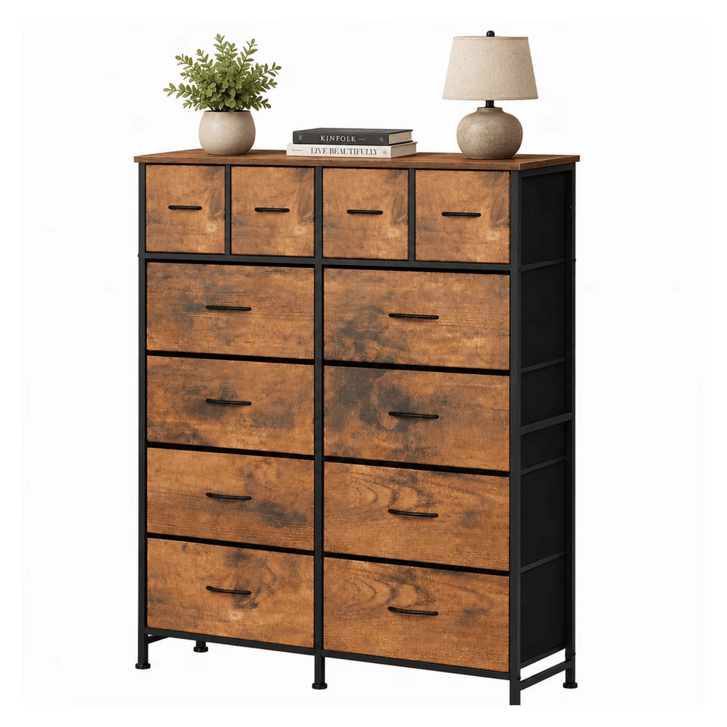12-Drawer Dresser, FabricStorageTowerforBedroom, Hallway, Entryway, Closet, Tall Chest Organizer Unit with Fabric Bins, Steel Frame, Wood Top, Easy Pull Handle