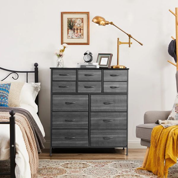 12 drawers, 6 large and 6 small, non-woven storage cabinets, cationic cloth surface + non-woven fabric drawers + particle board + iron frame 100*30*110cm, black wood grain drawer surface
