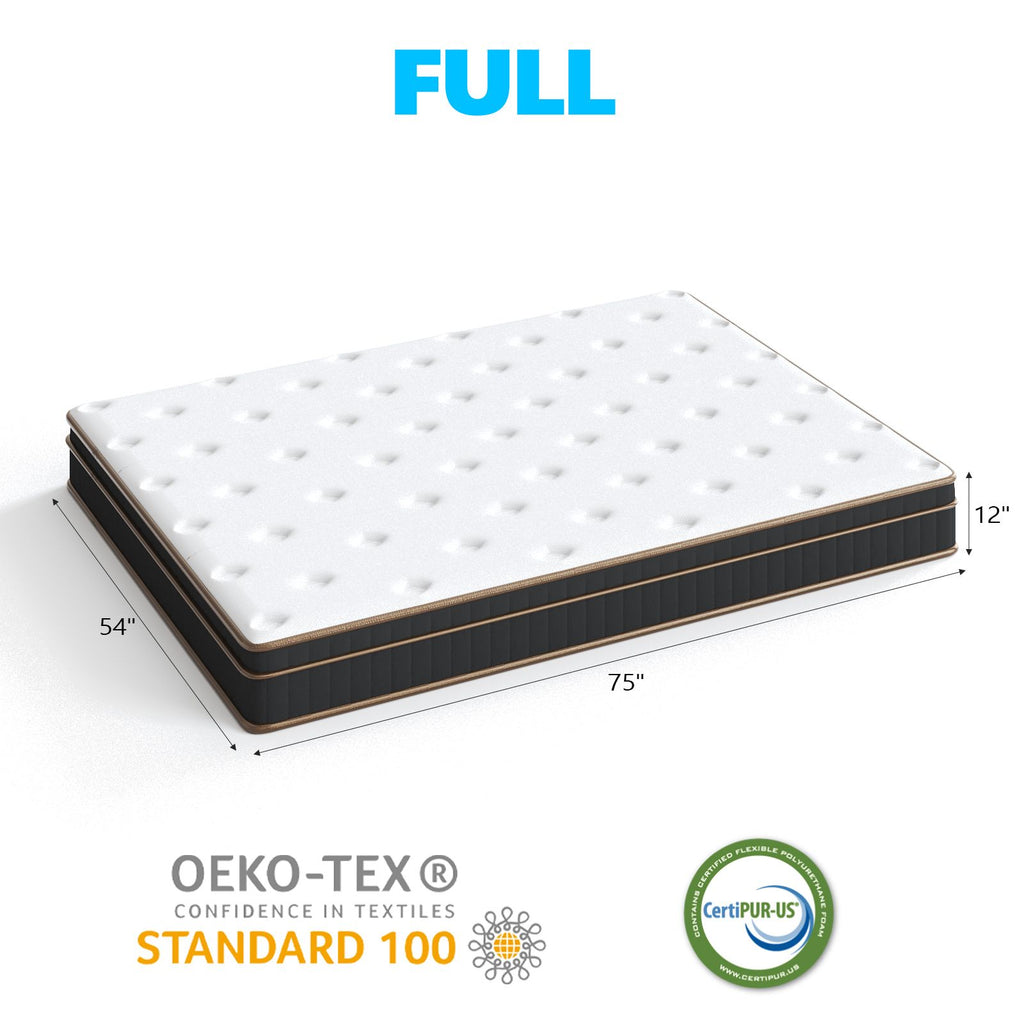 12 Inch Full Mattress, Innerspring Mattress with Black Gold Trim & White Cover - Medium Firm Support, Cooling Breathable Design for Bedroom, Guest Room & Family Use