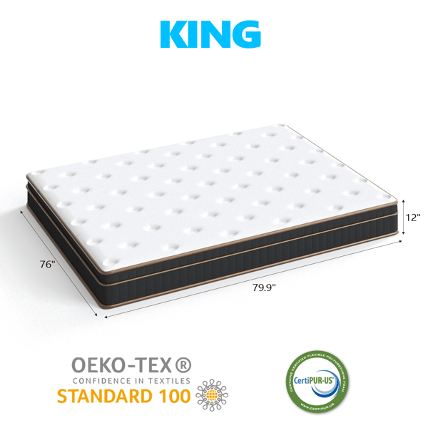 12 Inch King Mattress, Innerspring Mattress with Black Gold Trim & White Cover - Medium Firm Support, Cooling Breathable Design for Master Bedroom & Couples