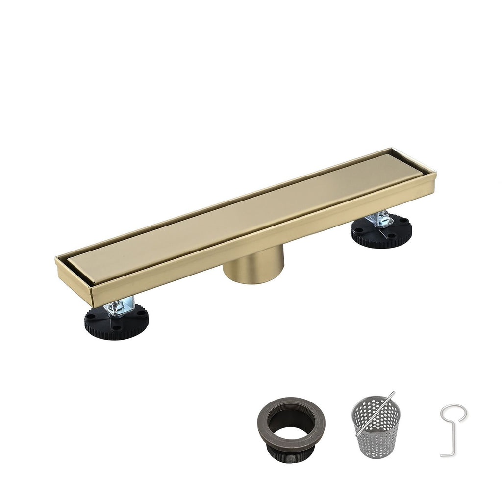 12 Inch Linear Shower Drain with 2-in-1 Flat & Tile Insert Removable Cover, 304 Stainless Steel with Hair Strainer and Leveling Feet, Brushed Gold