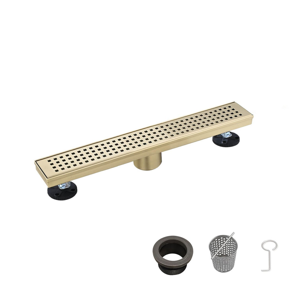 12 Inch Linear Shower Drain with Removable Square Patterned Grate, 304 Stainless Steel with Hair Strainer and Leveling Feet, Brushed Gold