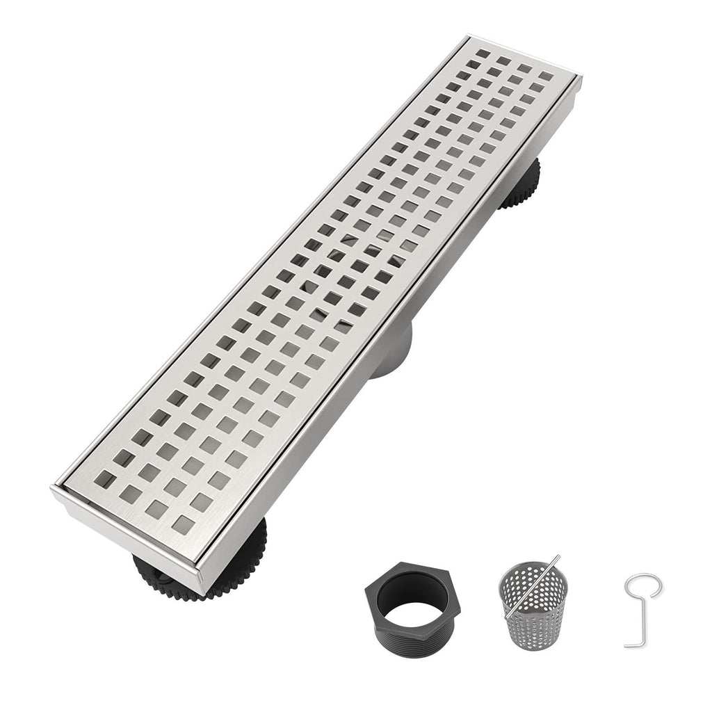 12 Inch Linear Shower Drain with Removable Square Patterned Grate, 304 Stainless Steel with Hair Strainer and Leveling Feet, Brushed Nickel