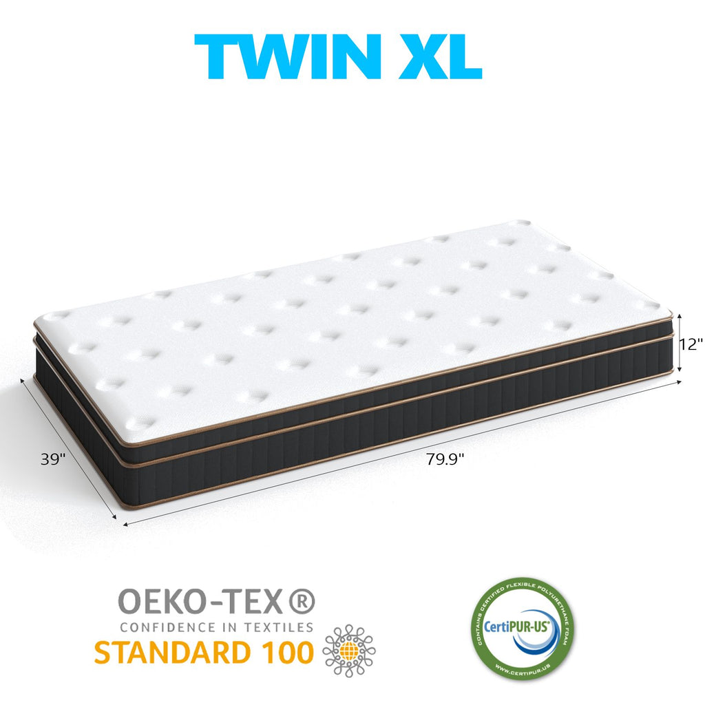 12 Inch Twin XL Mattress, Innerspring Mattress with Black Gold Trim & White Cover - Medium Firm Support, Cooling Technology for College Dorm, Guest Room & Tall Sleepers