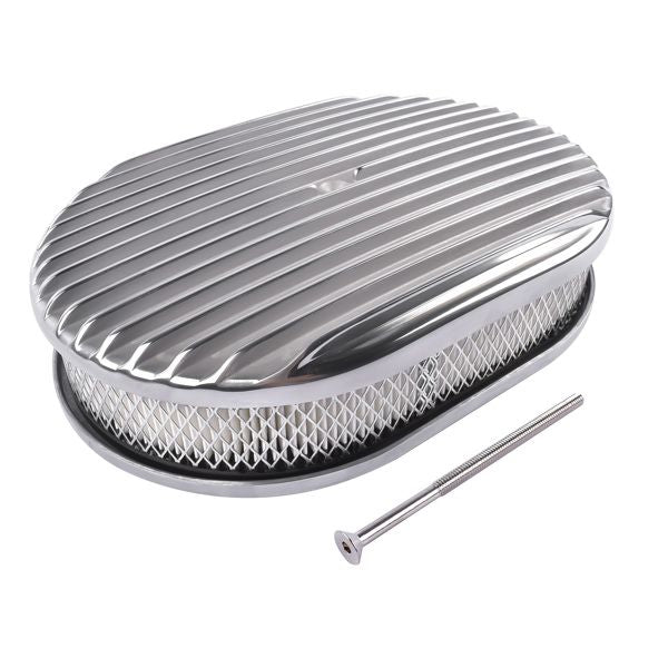 12" Oval Aluminum Full Finned Air Cleaner Polished Paper Element for SB & BB CHEVY FORD & MOPAR CHRYLER DODGE PLYMOUTH