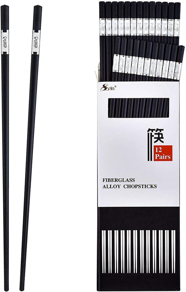 12 Pairs Fiberglass Chopsticks - Reusable Chopsticks Dishwasher Safe, Chinese Japanese Korean Chop sticks, Non-Slip, 9 1/2 inches, Durable Chopsticks with Case  YJ