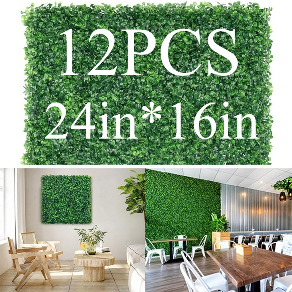 12 Pcs 24x16inch Artificial Grass Wall Panels, Decorative Boxwood Grass Backdrop for Outdoor Garden Fence