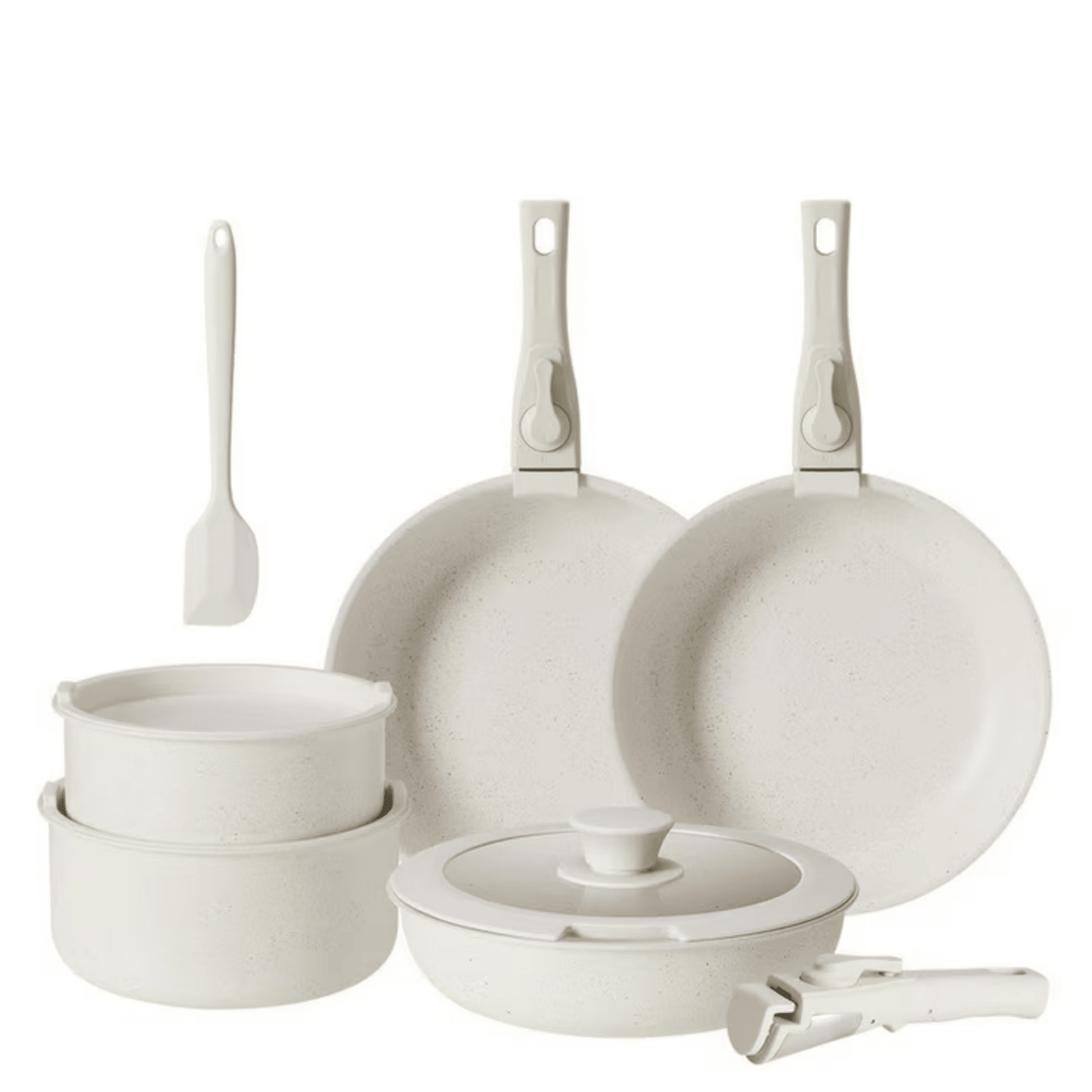 12 Pcs Non-Stick Cookware Set, Pots and Pans Set, with Spatula & Detachable HandleforKitchen, Beige