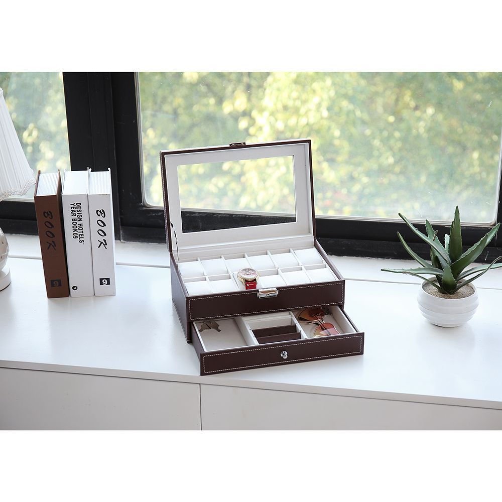12 Slots Watch Box Mens Watch Organizer Lockable Jewelry Display Case with Real Glass Top Faux Leather Brown--YS
