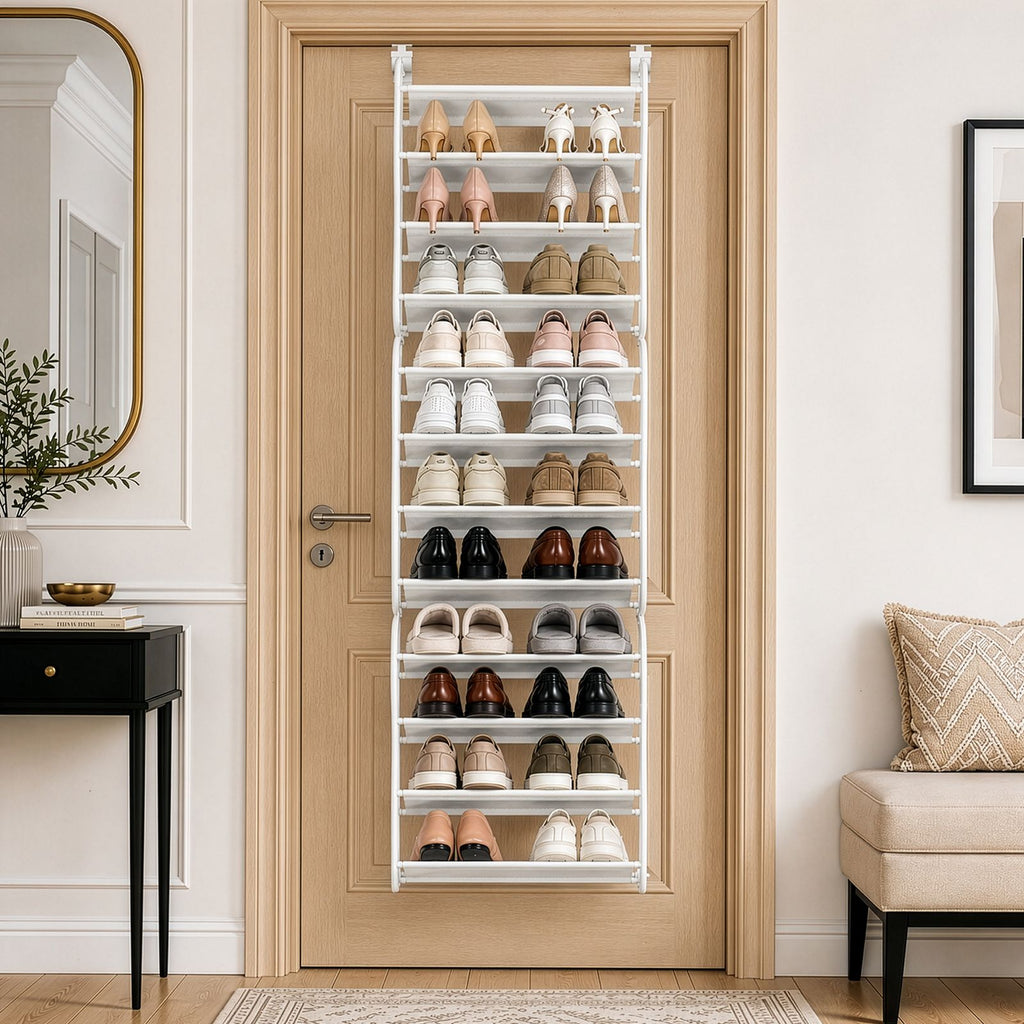 12-Tier Hanging Door-Style Shoe Rack with Non-Woven Fabric Dividers 19.68*6.69*71.26in White