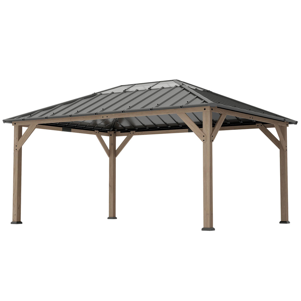 12' x 16' Hardtop Gazebo with Galvanized Steel Roof, UPF50+ Wood Permanent Pavilion with Clear Roof Top, Light Walnut