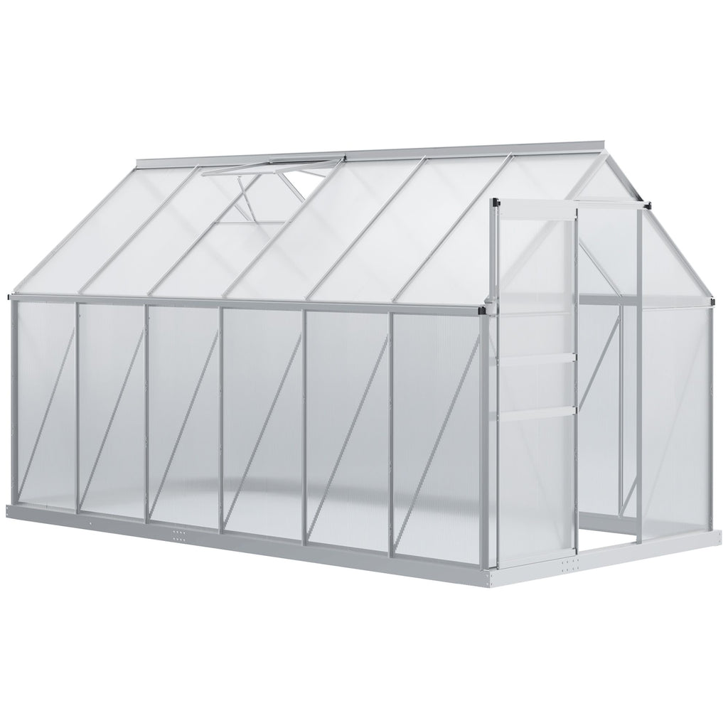 12' x 6' Aluminum Greenhouse, Polycarbonate Walk-in Garden Greenhouse Kit with Adjustable Roof Vent, Rain Gutter and Sliding Door, Silver