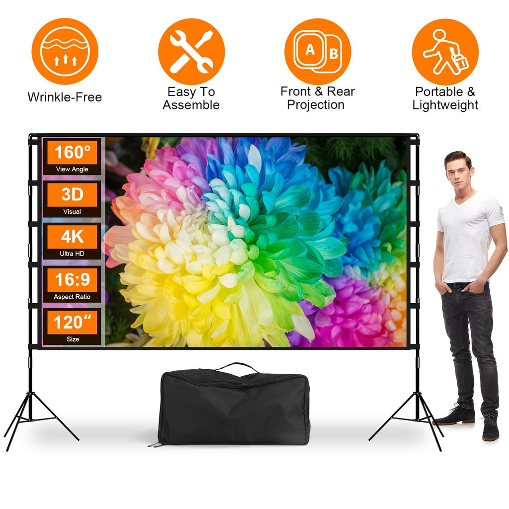 120" Portable Projector Screen with Stand, Foldable & Anti-Crease, HD 4K Movie Screen for Outdoor/Indoor Use, Home Theater, Parties & Business Presentations - Includes Carry Bag