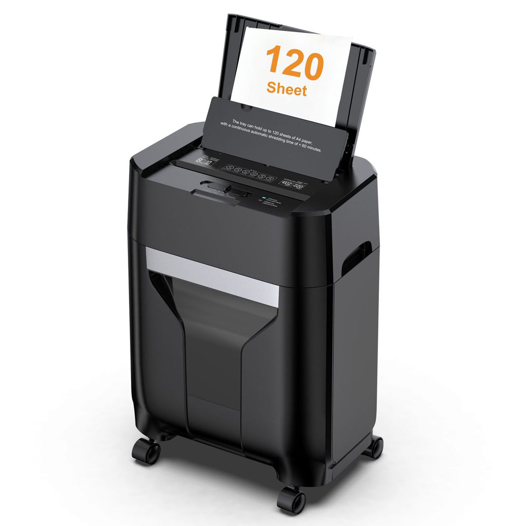 120 Sheet Auto Feed Paper Shredder for Home Office, 60 Min Non-Stop, Commercial Heavy Duty Paper Shredder, Cross Cut Shredder with Casters, P-4 Security, 5.28 Gallon, <60 dB