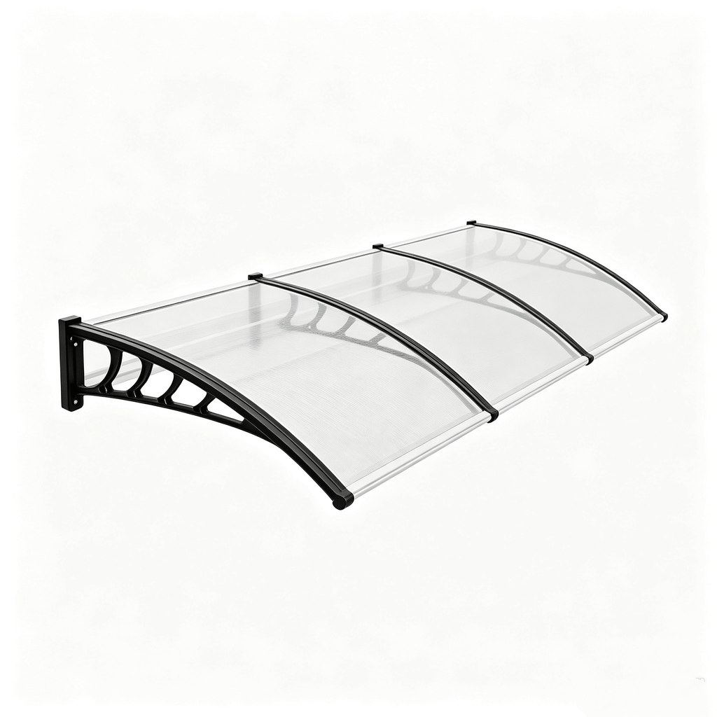 12040 in Transparent Door Awning Canopy, One-Piece PC Sun Panel with Black PP Brackets & Aluminum Strip, Outdoor Rain Shelter for Front Door, Window, Patio and Balcony