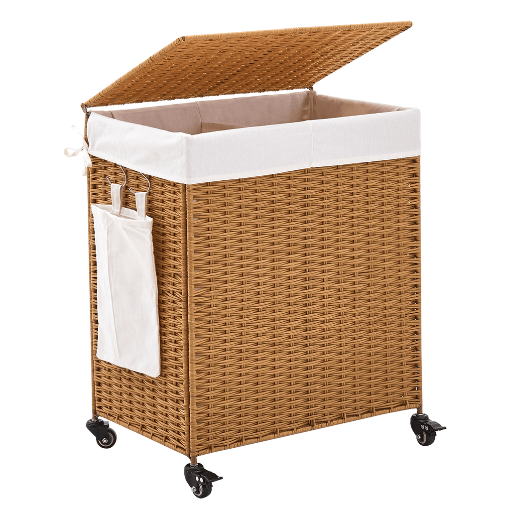125L Laundry Hamper with Lid and Wheels, Woven Rattan Rolling Laundry Hamper
