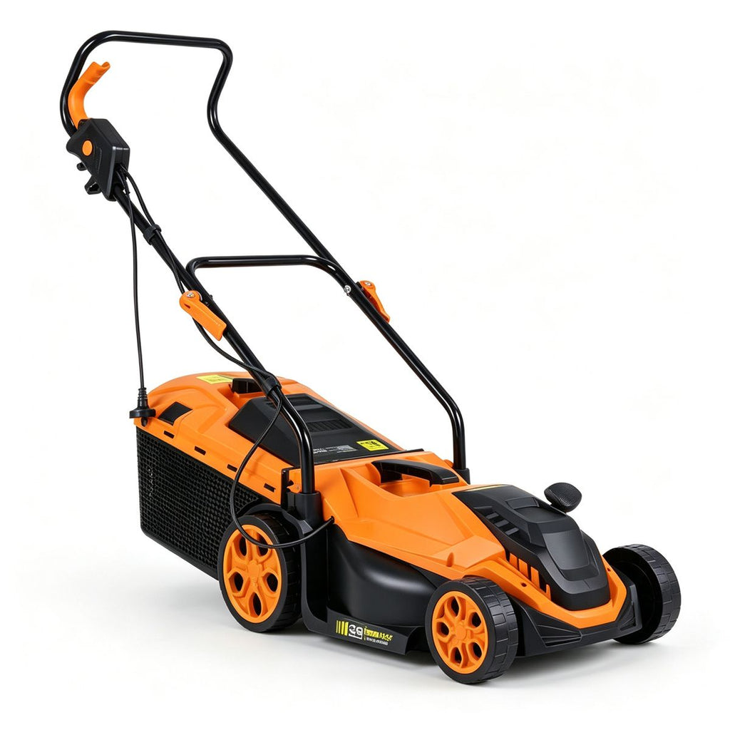 12Amp Corded Push Lawn Mower, 14 Inch Cutting Width Electric WalkBehind Mower with 5Position Height Adjustment 8Gallon Grass Bag for Small Yard Lawn Care - Orange