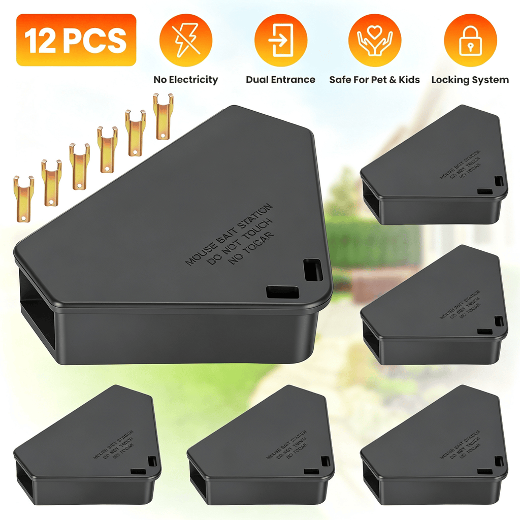 12Pcs Refillable Mouse Bait Station Boxes, Tamper Resistant Lock Design with Keys, Weather Resistant PP Plastic, Corner Fit for Residential & Commercial Use
