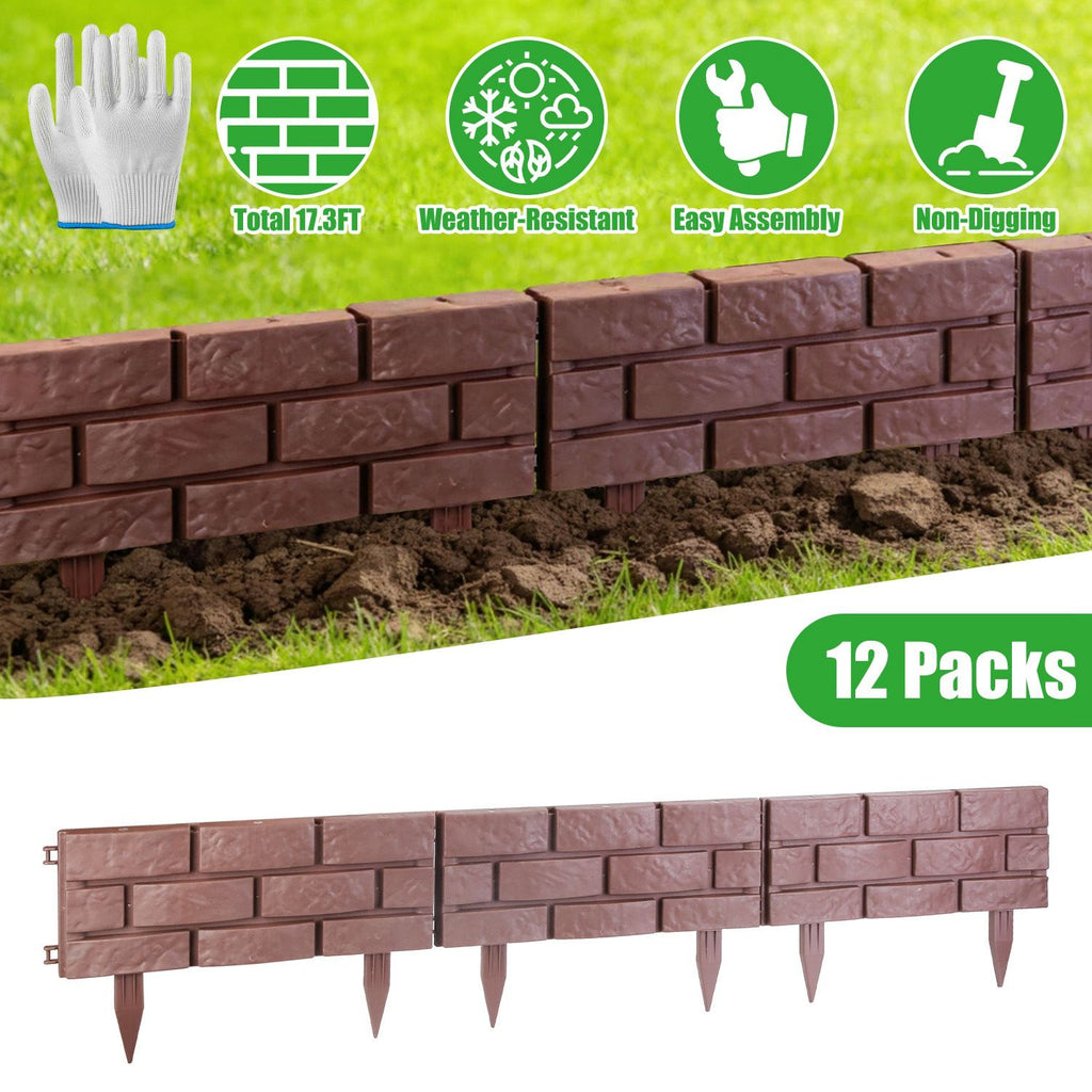 12PCS Stone Effect Garden Edging Flexible Landscape Border Fence PP Weather Resistant Decorative Lawn Pathway Flower Bed Edging with Gloves
