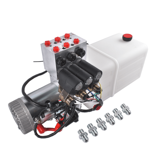 12V DC 6 Quart Hydraulic Pump 6 Way Double Acting Hydraulic Power Unit for Dump Trailer, Scissor Lift