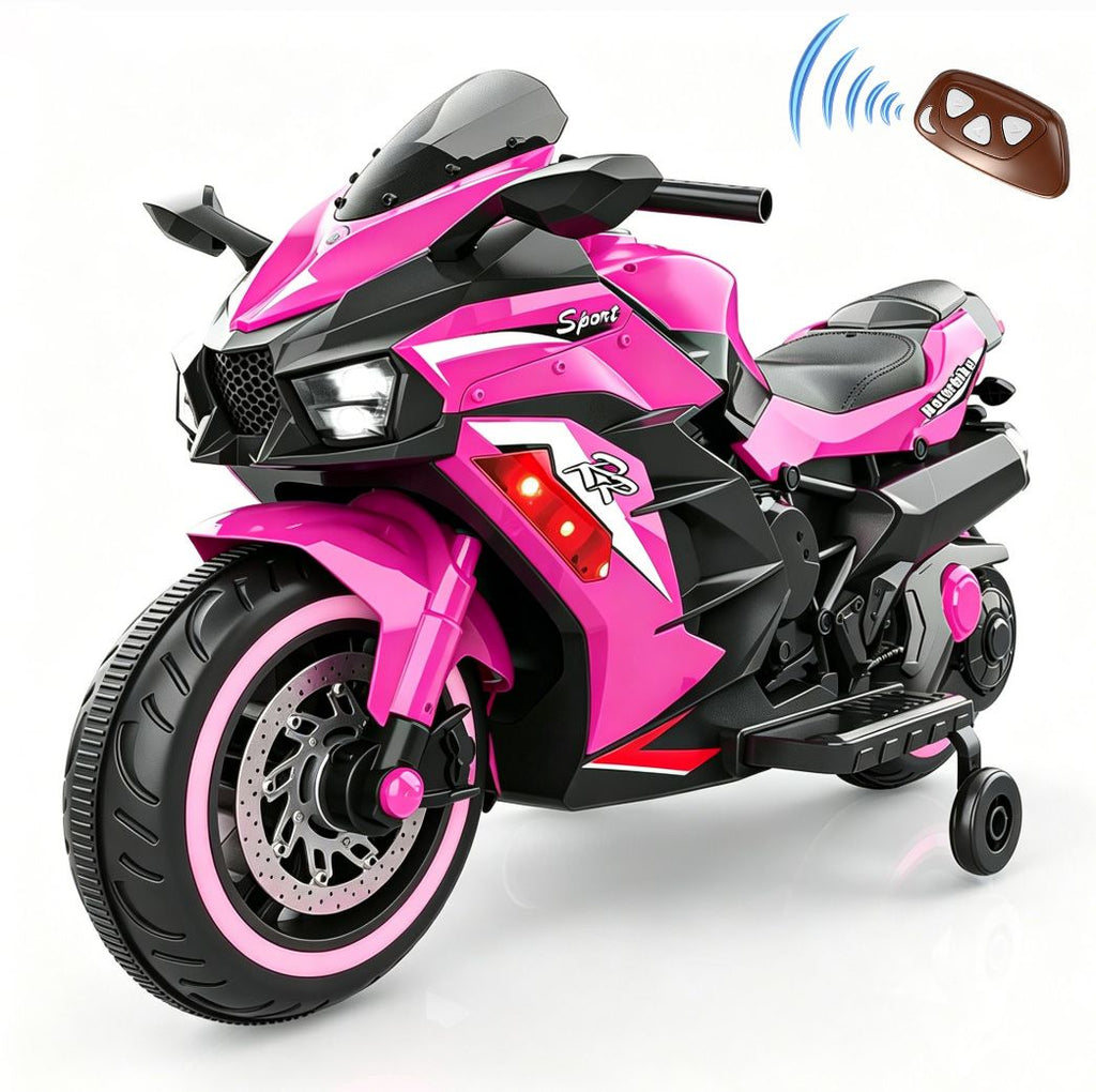 12V Electric Motorcycle for Kids, Powered Toy Motorcycle, Child Motorcycle Ride On with Light Wheels and Bluetooth Music Pink (No shipping on weekends)