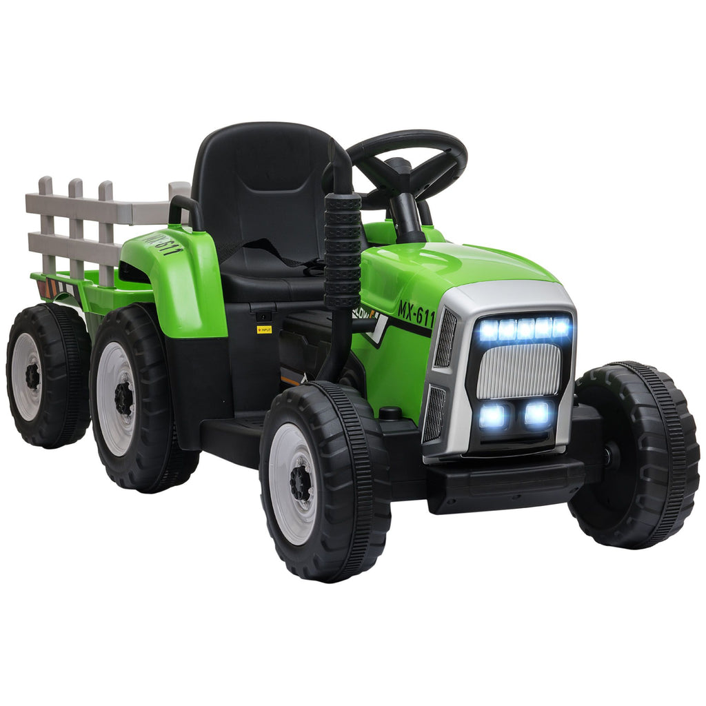 12V Green Ride-On Tractor with Trailer for Kids Electric with RC 2 Motors Music Horn LED Lights
