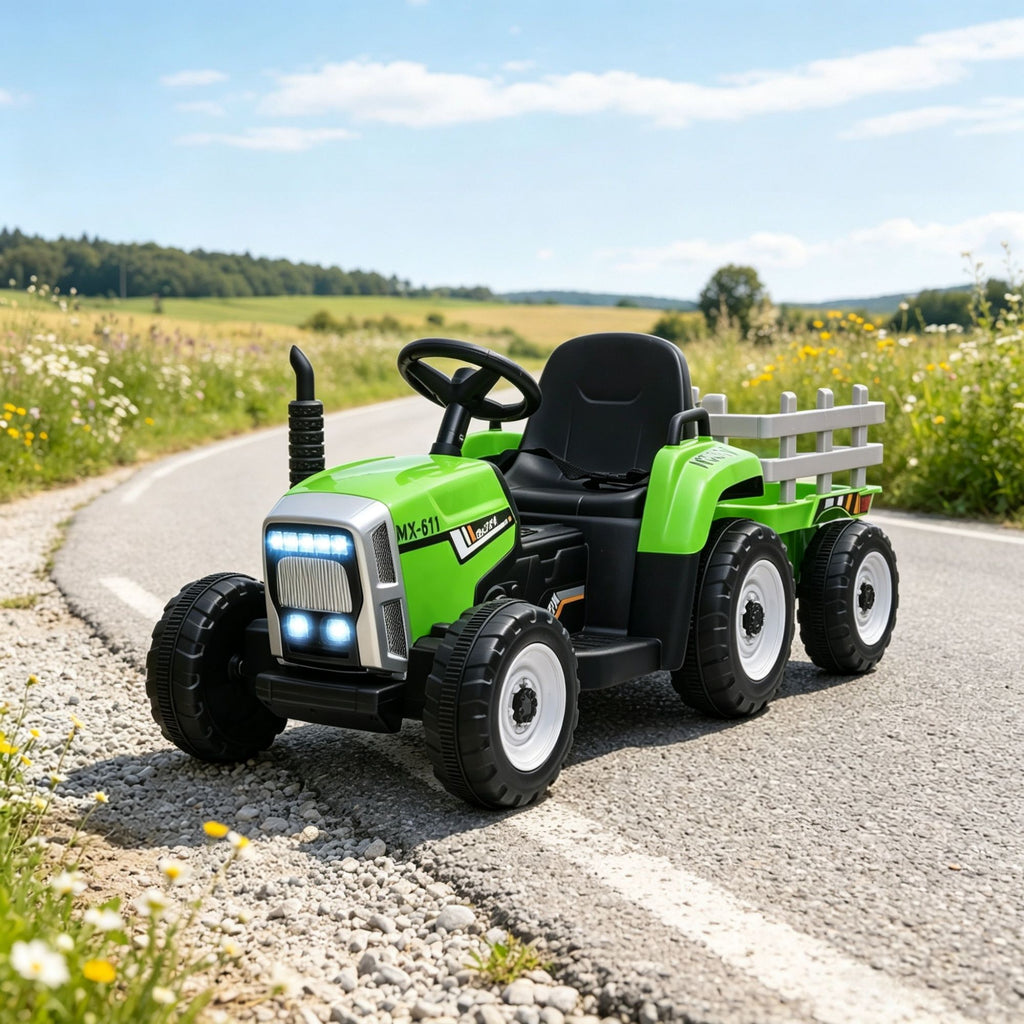 12V Green Toddler Electric Ride-On Tractor 25W Dual Drive Motors, with Hauling Trailer, Parental Remote, Built-in Music Player, Ignition Startup Sound, Horn & Bright LED Lights