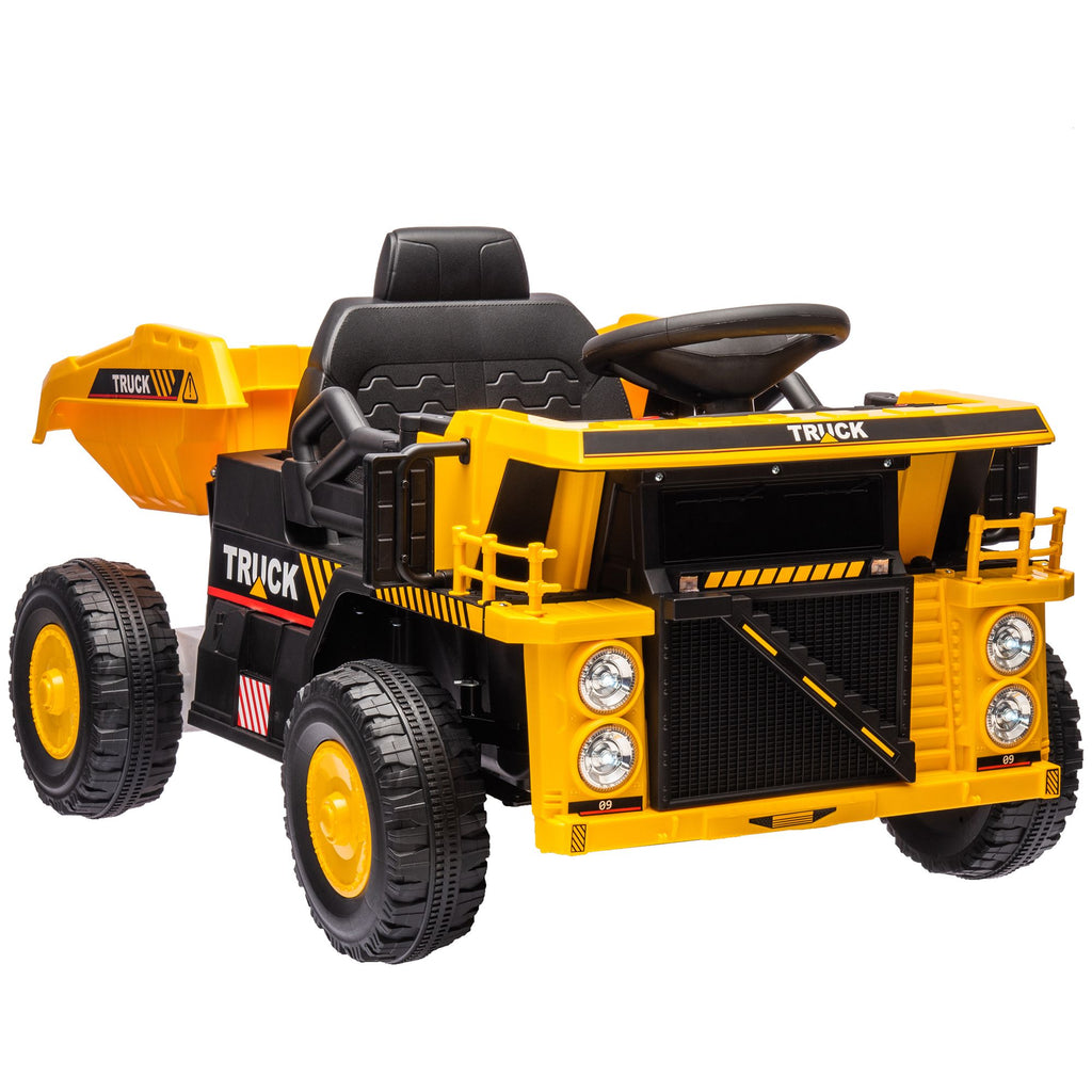 12V Kids Dump Truck, Electric UTV w/ Electric Dump Bed, Shovel Spring Suspension & Music Player